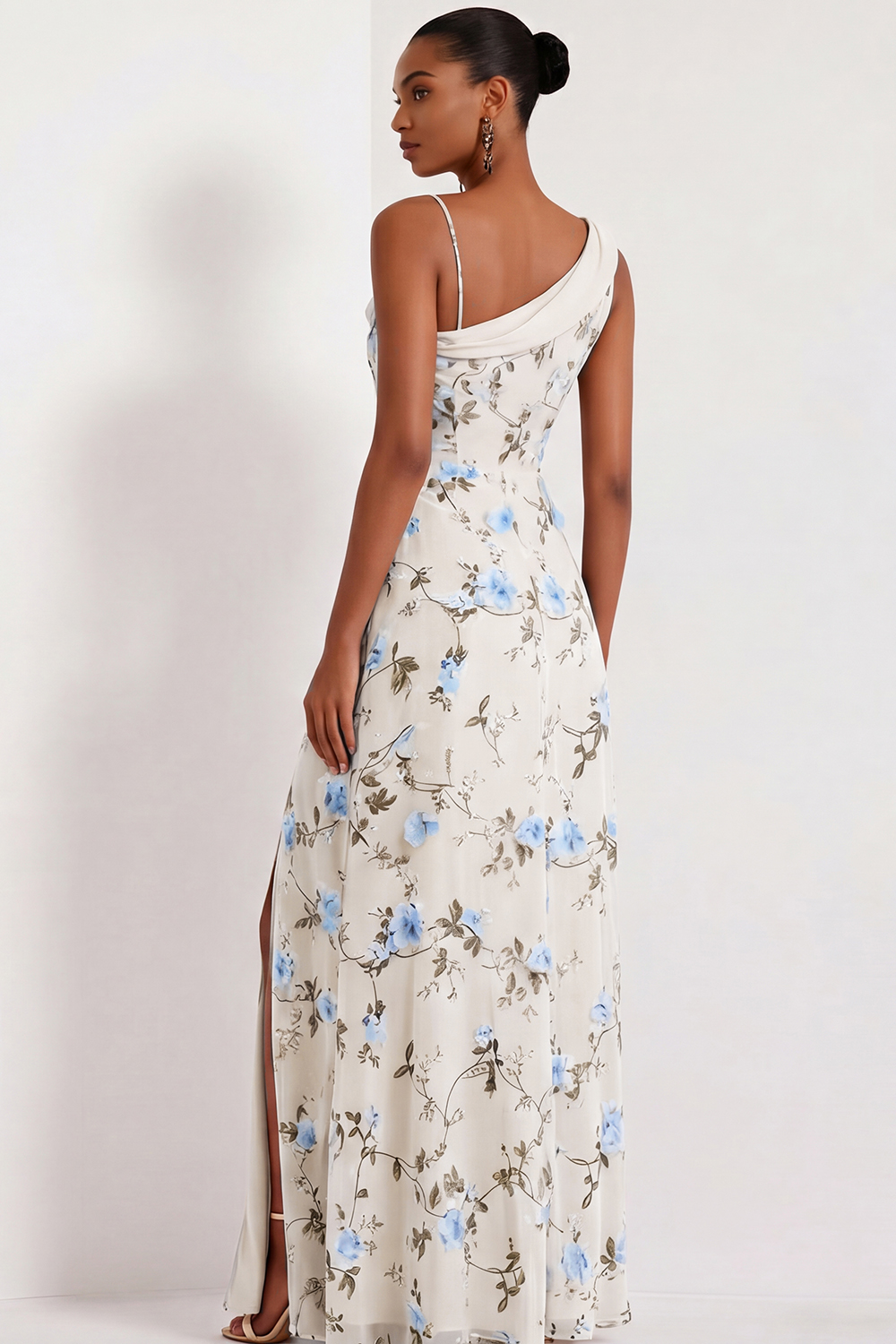 Floral Lilac Asymmetrical Neck Corset Bridesmaid Dress with Slit