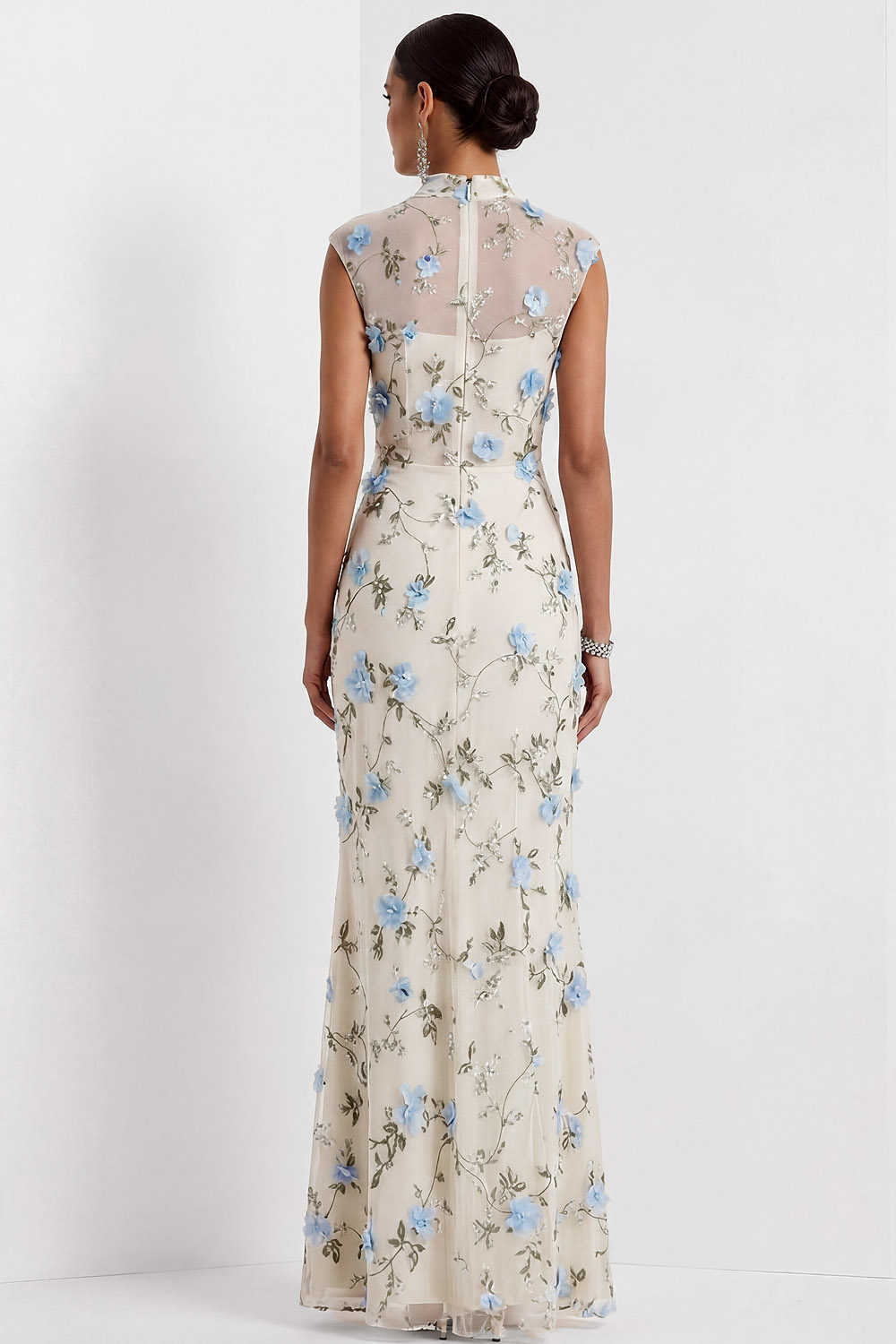Lilac Mermaid Floral Appliqued High Neck Long Wedding Guest Dress