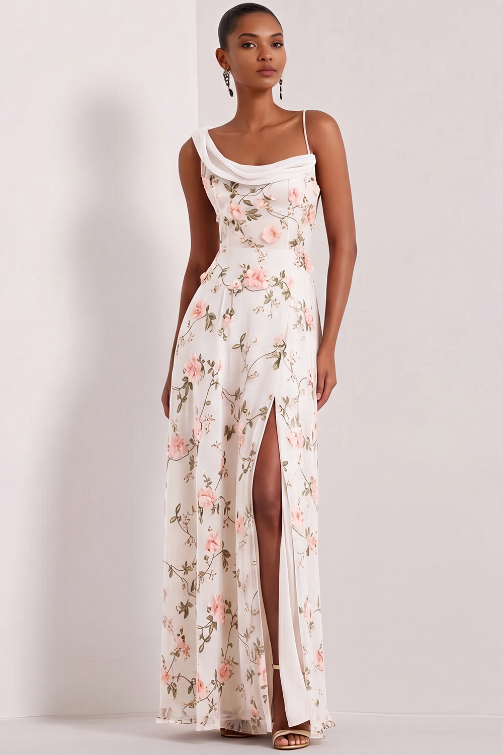Floral Lilac Asymmetrical Neck Corset Bridesmaid Dress with Slit