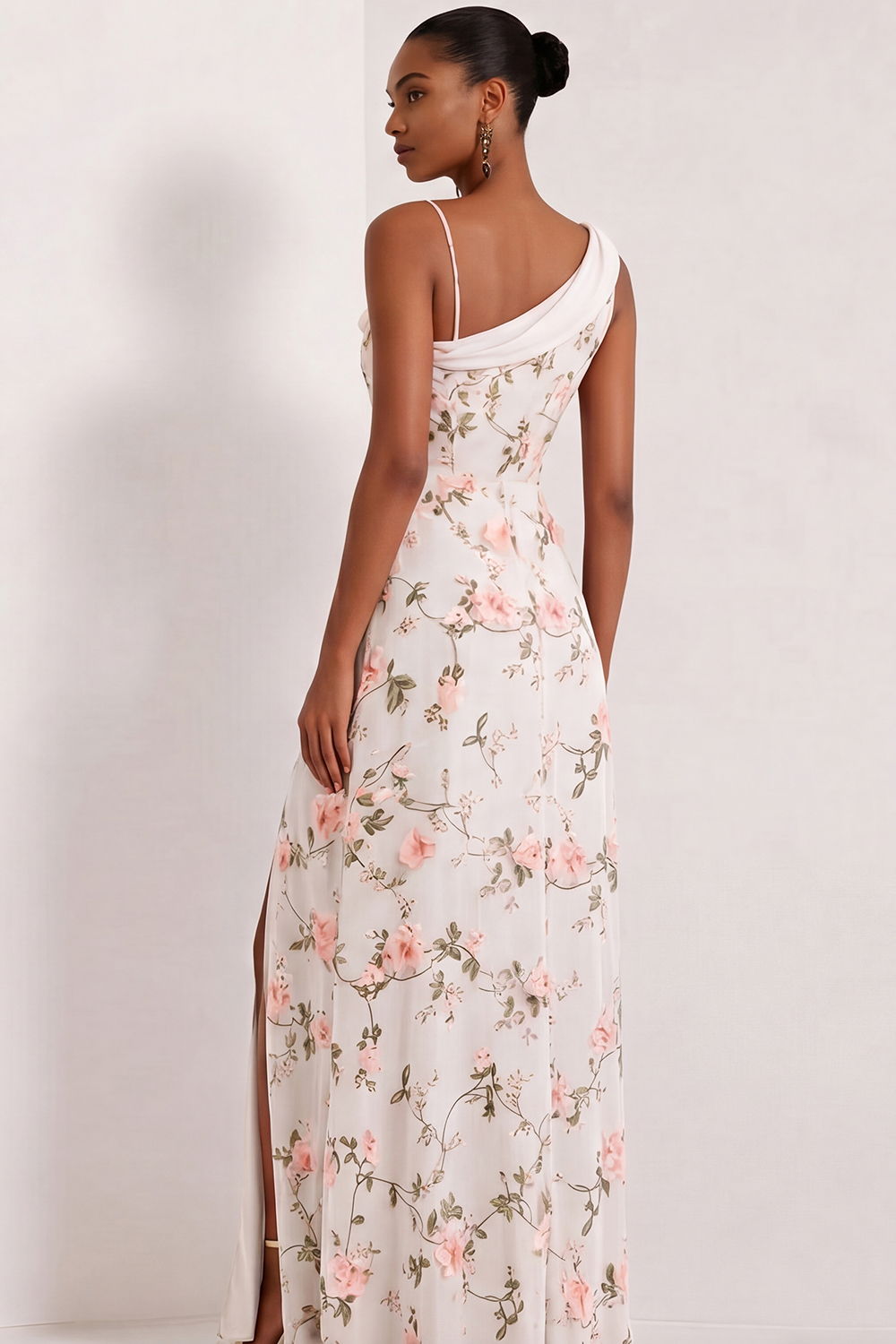 Floral Lilac Asymmetrical Neck Corset Bridesmaid Dress with Slit