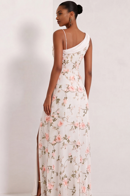 Floral Lilac Asymmetrical Neck Corset Bridesmaid Dress with Slit