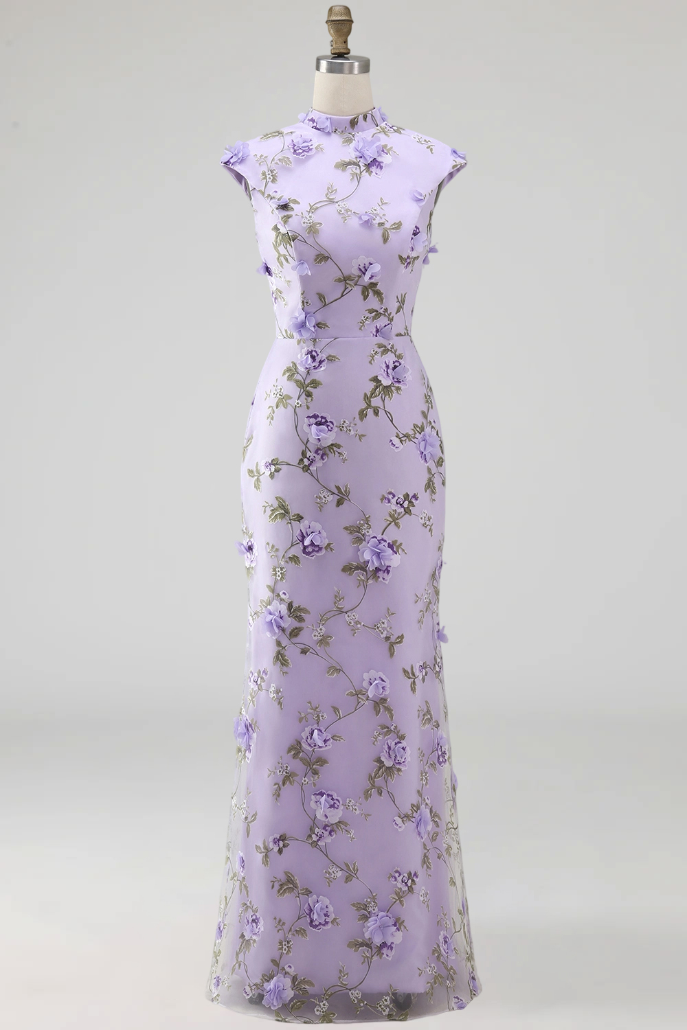 Lilac Mermaid Floral Appliqued High Neck Long Wedding Guest Dress