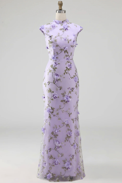 Lilac Mermaid Floral Appliqued High Neck Long Wedding Guest Dress