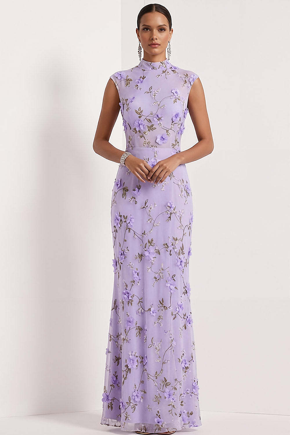 Leely Women Lilac Mermaid Floral Appliqued Long Wedding Guest Dress High Neck Sleeveless Evening Dress