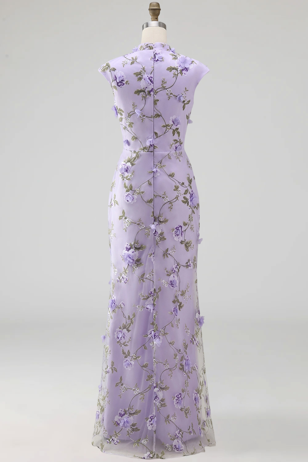 Lilac Mermaid Floral Appliqued High Neck Long Wedding Guest Dress