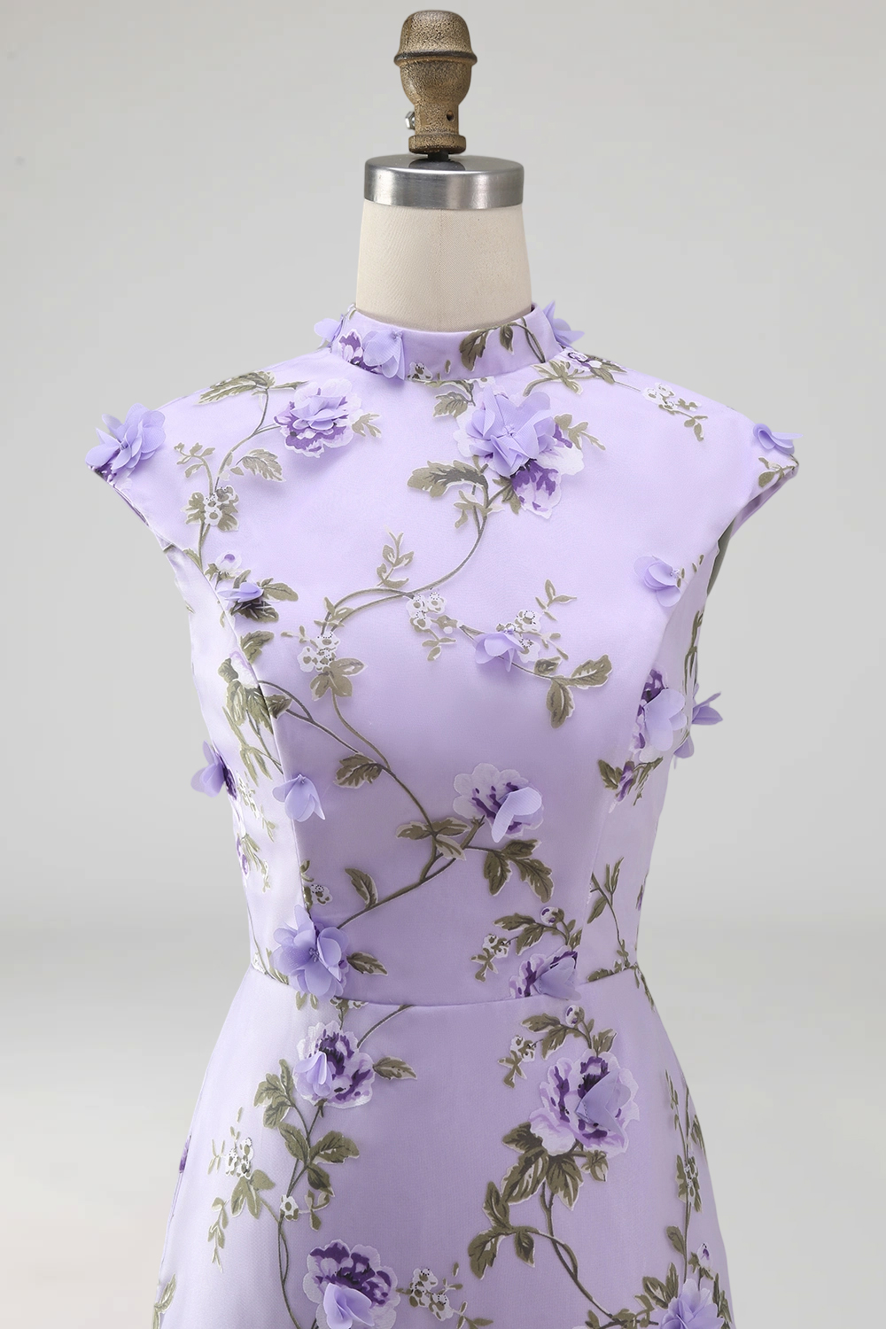 Lilac Mermaid Floral Appliqued High Neck Long Wedding Guest Dress