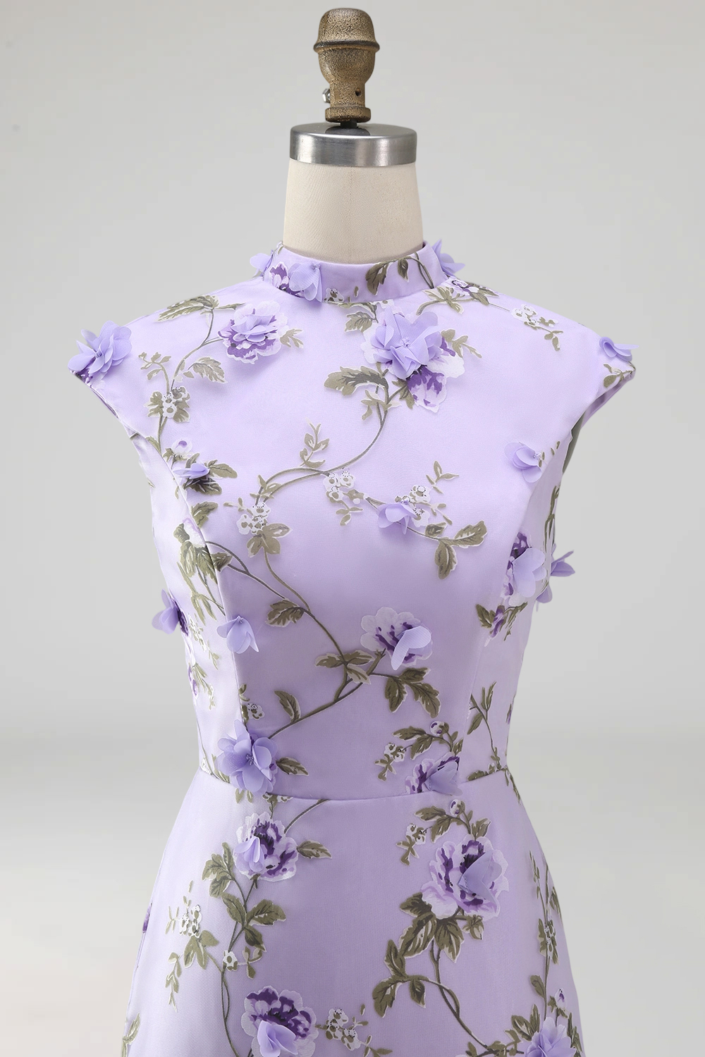 Lilac Mermaid Floral Appliqued High Neck Long Wedding Guest Dress