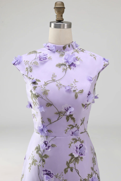 Lilac Mermaid Floral Appliqued High Neck Long Wedding Guest Dress