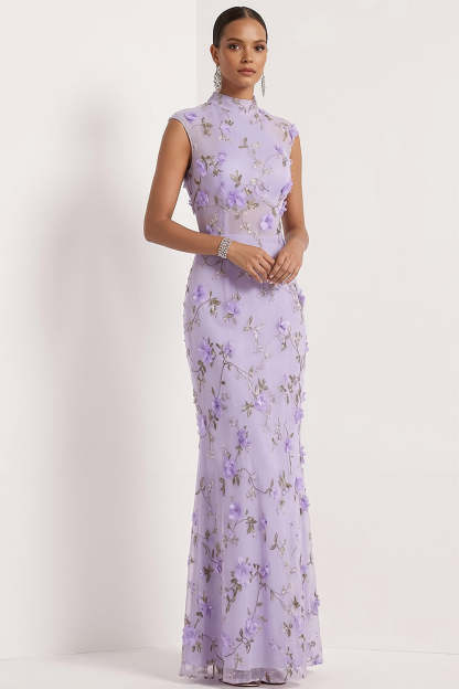 Lilac Mermaid Floral Appliqued High Neck Long Wedding Guest Dress