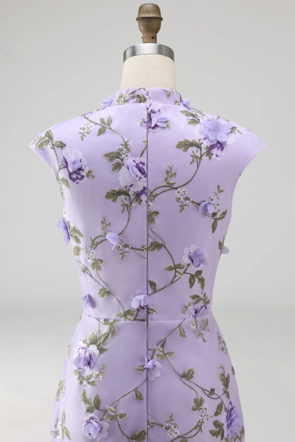 Lilac Mermaid Floral Appliqued High Neck Long Wedding Guest Dress