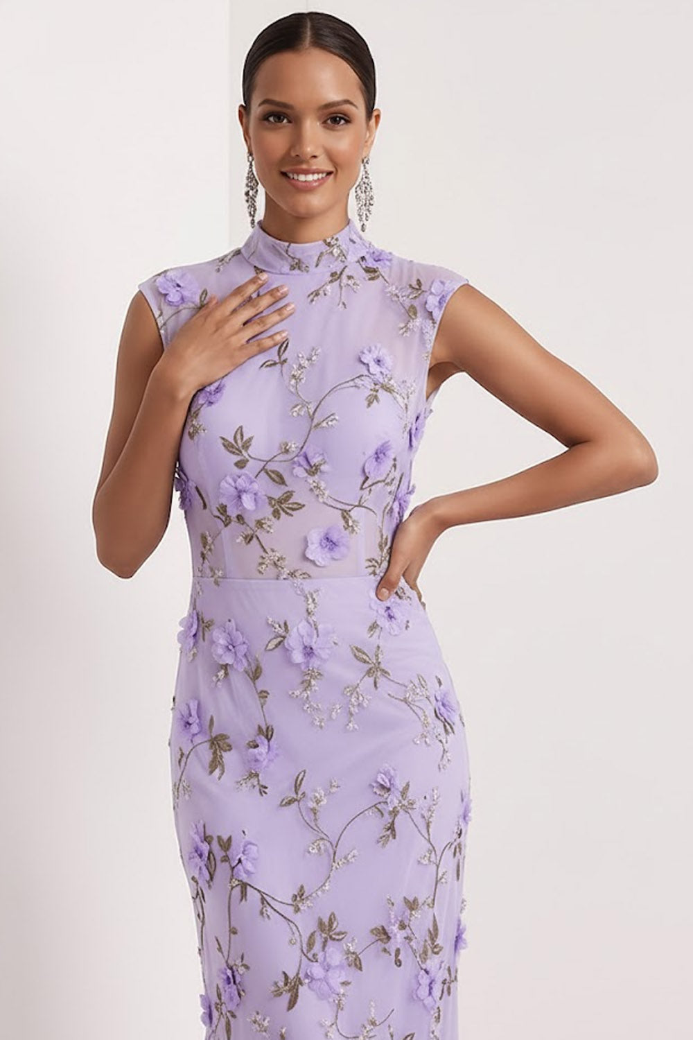 Lilac Mermaid Floral Appliqued High Neck Long Wedding Guest Dress