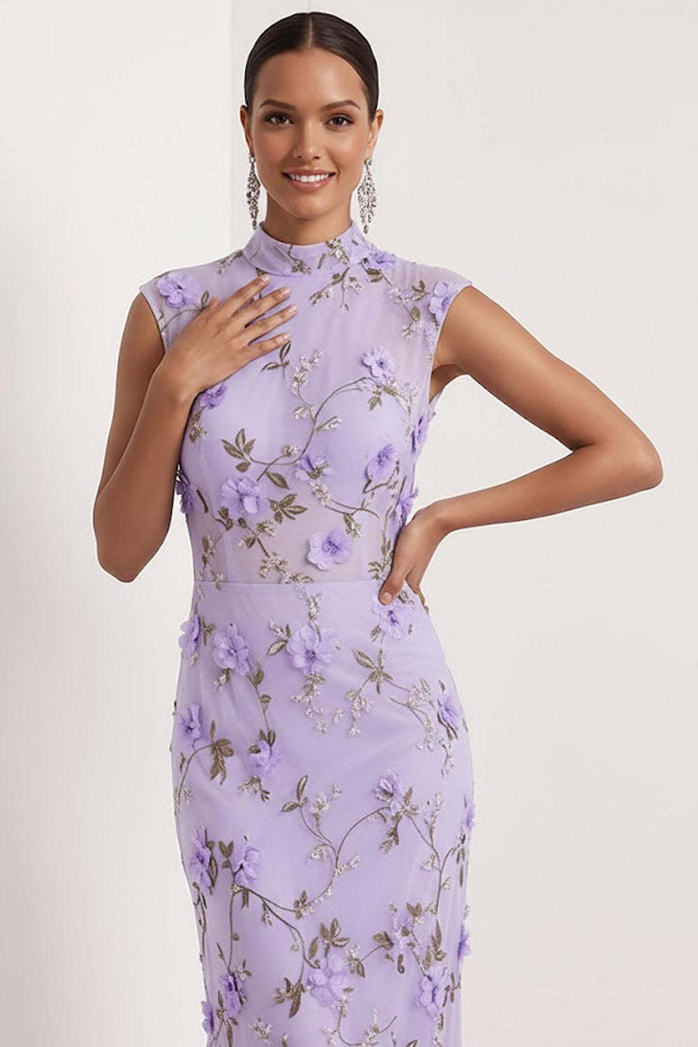Lilac Mermaid Floral Appliqued High Neck Long Wedding Guest Dress
