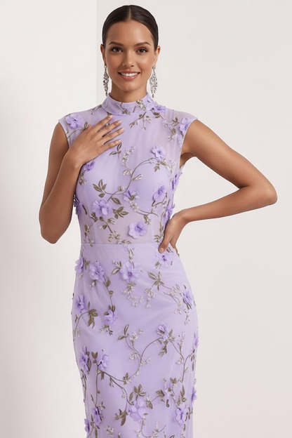 Lilac Mermaid Floral Appliqued High Neck Long Wedding Guest Dress