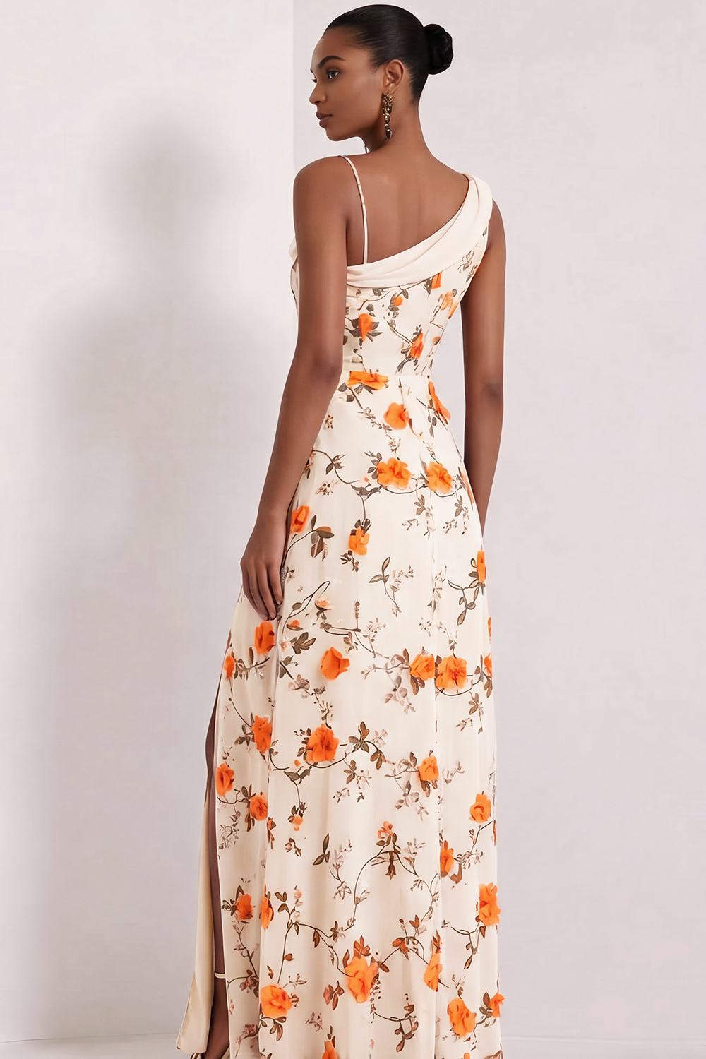 Floral Lilac Asymmetrical Neck Corset Bridesmaid Dress with Slit
