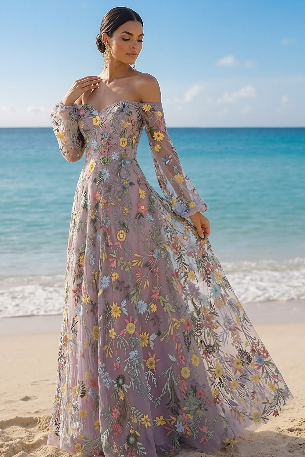 Mauve Floral Embroidered A Line Sweetheart Long Prom Dress with Sleeves