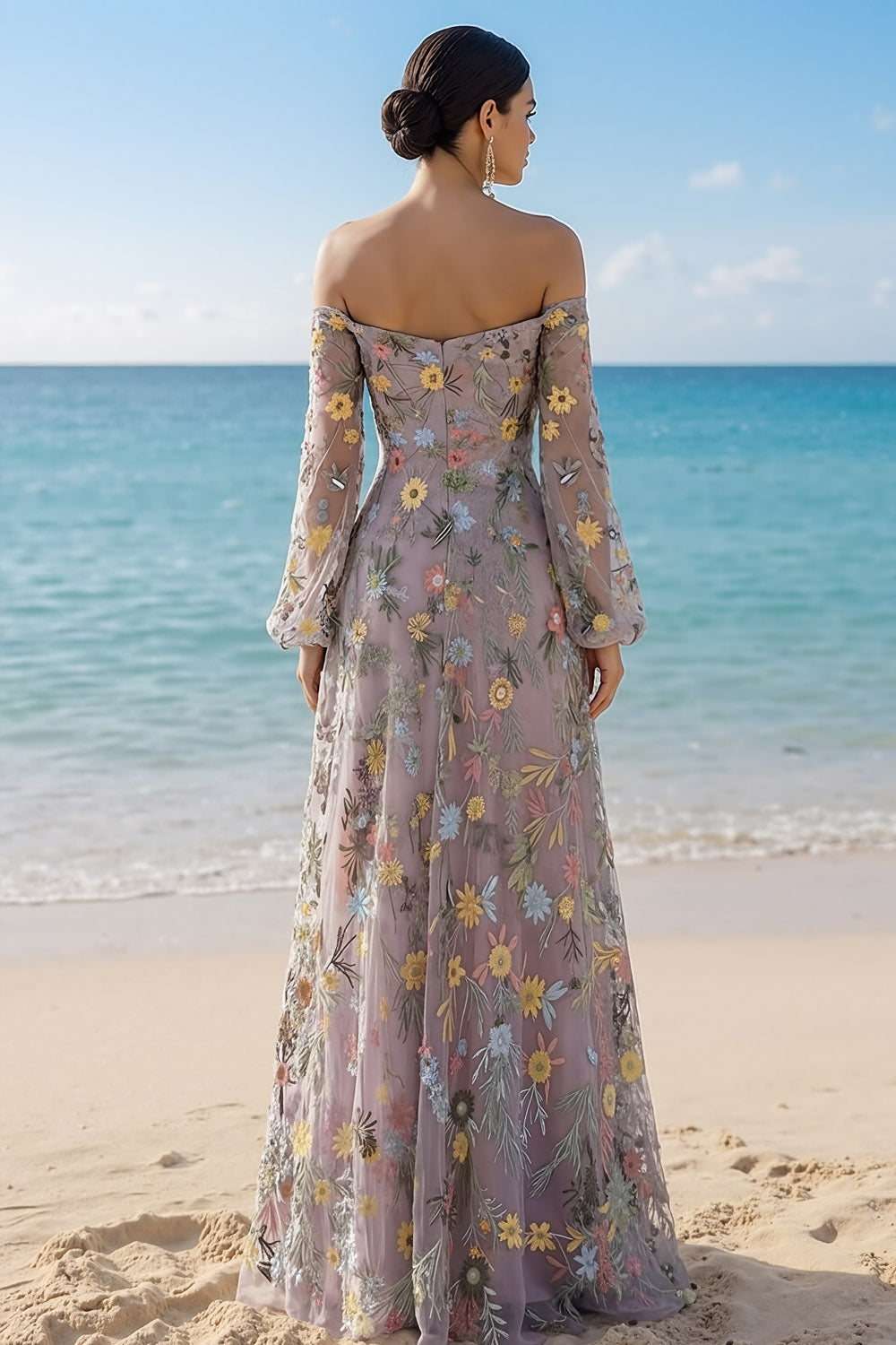 Mauve Floral Embroidered A Line Sweetheart Long Prom Dress with Sleeves