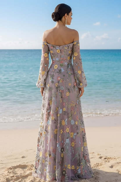 Mauve Floral Embroidered A Line Sweetheart Long Prom Dress with Sleeves