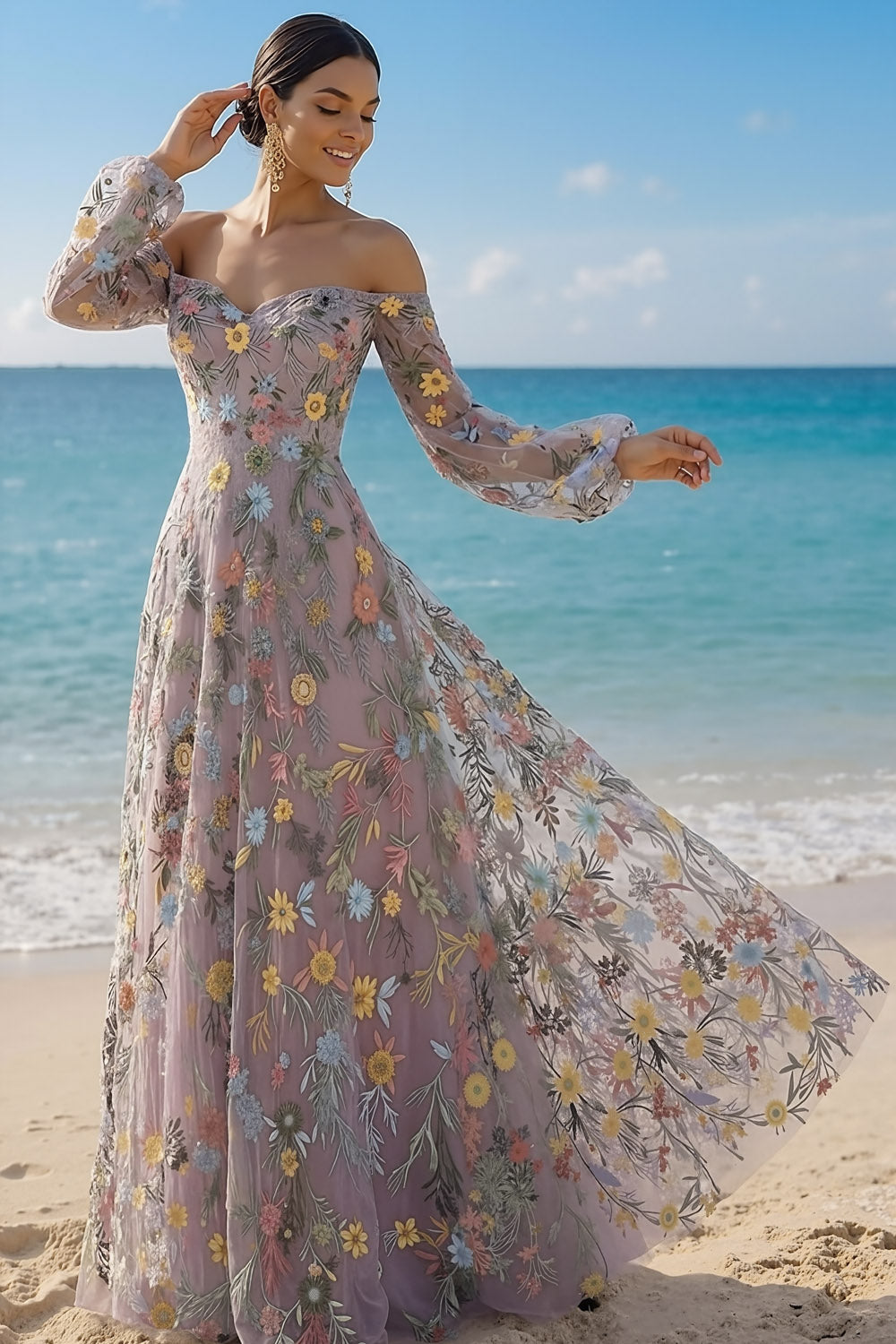 Mauve Floral Embroidered A Line Sweetheart Long Prom Dress with Sleeves