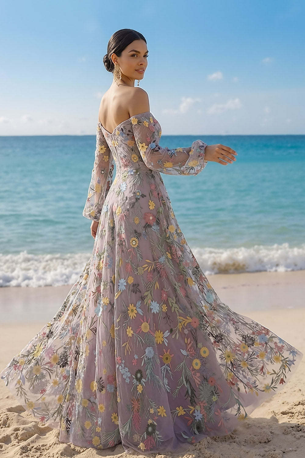 Mauve Floral Embroidered A Line Sweetheart Long Prom Dress with Sleeves