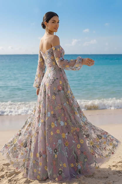 Mauve Floral Embroidered A Line Sweetheart Long Prom Dress with Sleeves