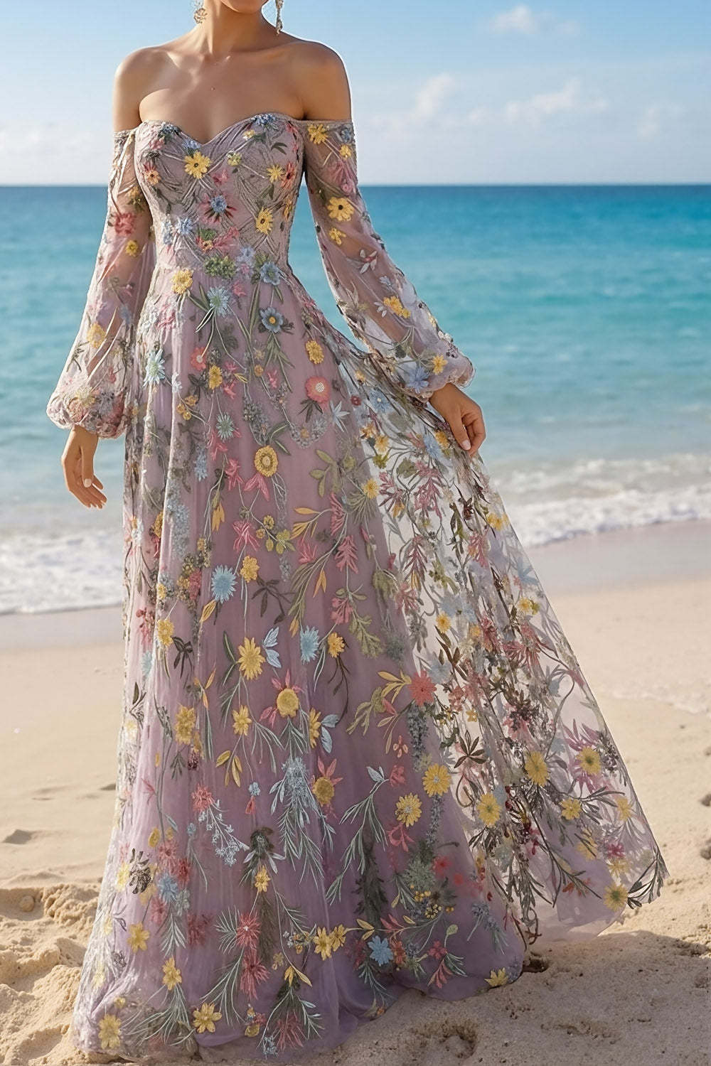 Mauve Floral Embroidered A Line Sweetheart Long Prom Dress with Sleeves