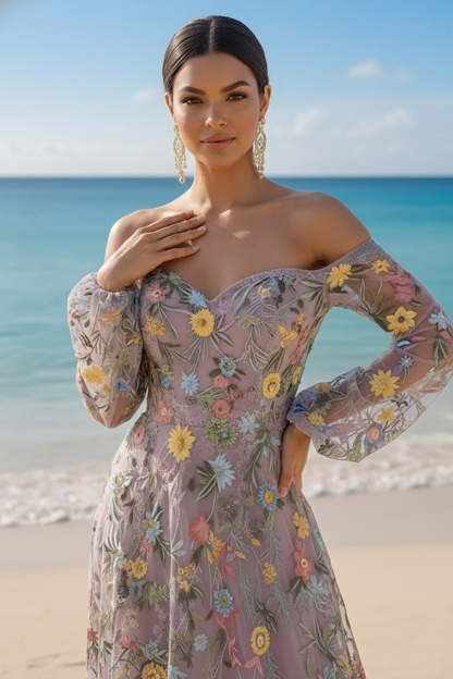 Mauve Floral Embroidered A Line Sweetheart Long Prom Dress with Sleeves