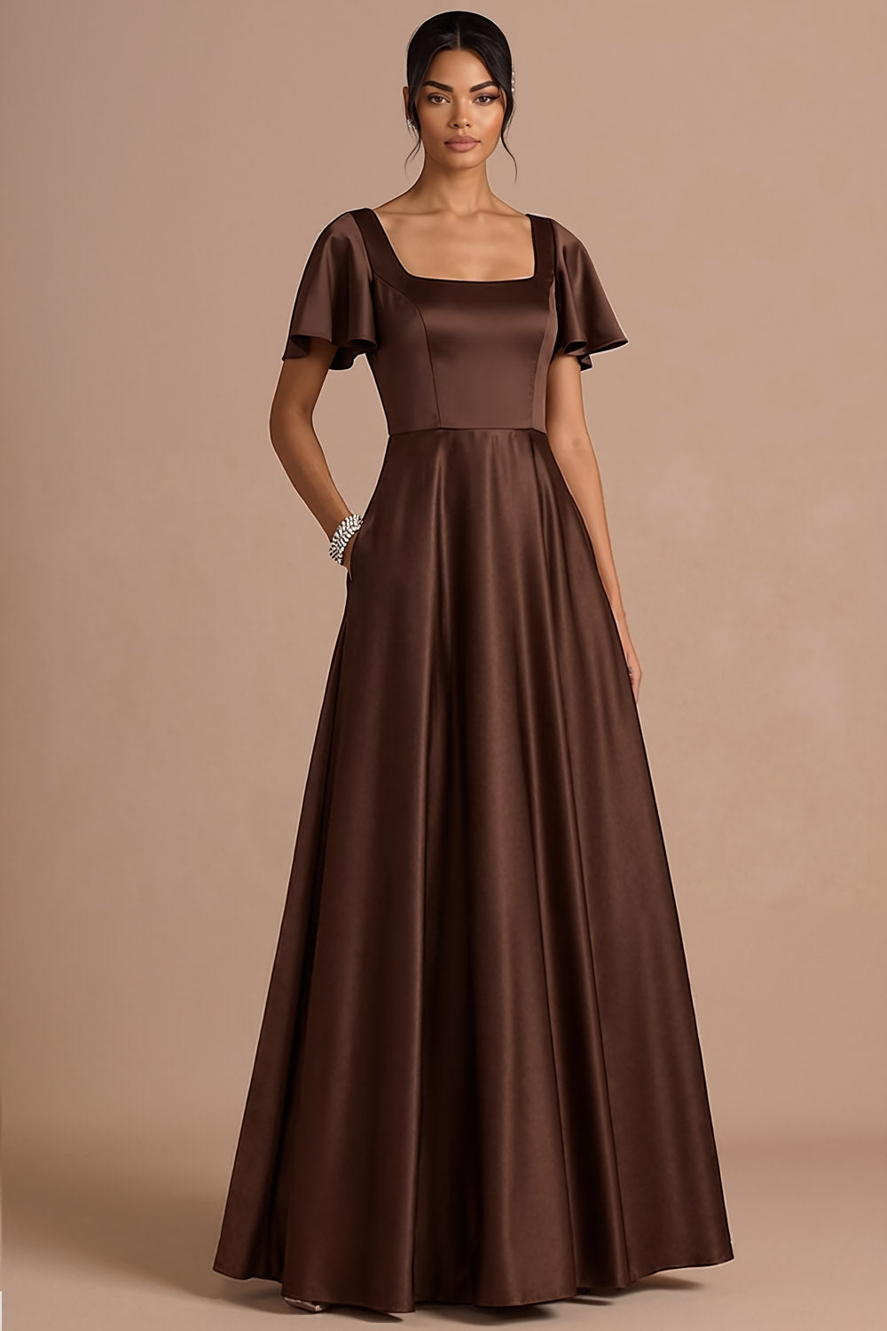 Brown A Line Satin Square Neck Long Wedding Guest Dress with Short Sleeves