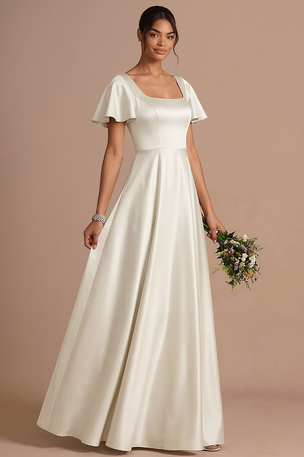 Brown A Line Satin Square Neck Long Wedding Guest Dress with Short Sleeves