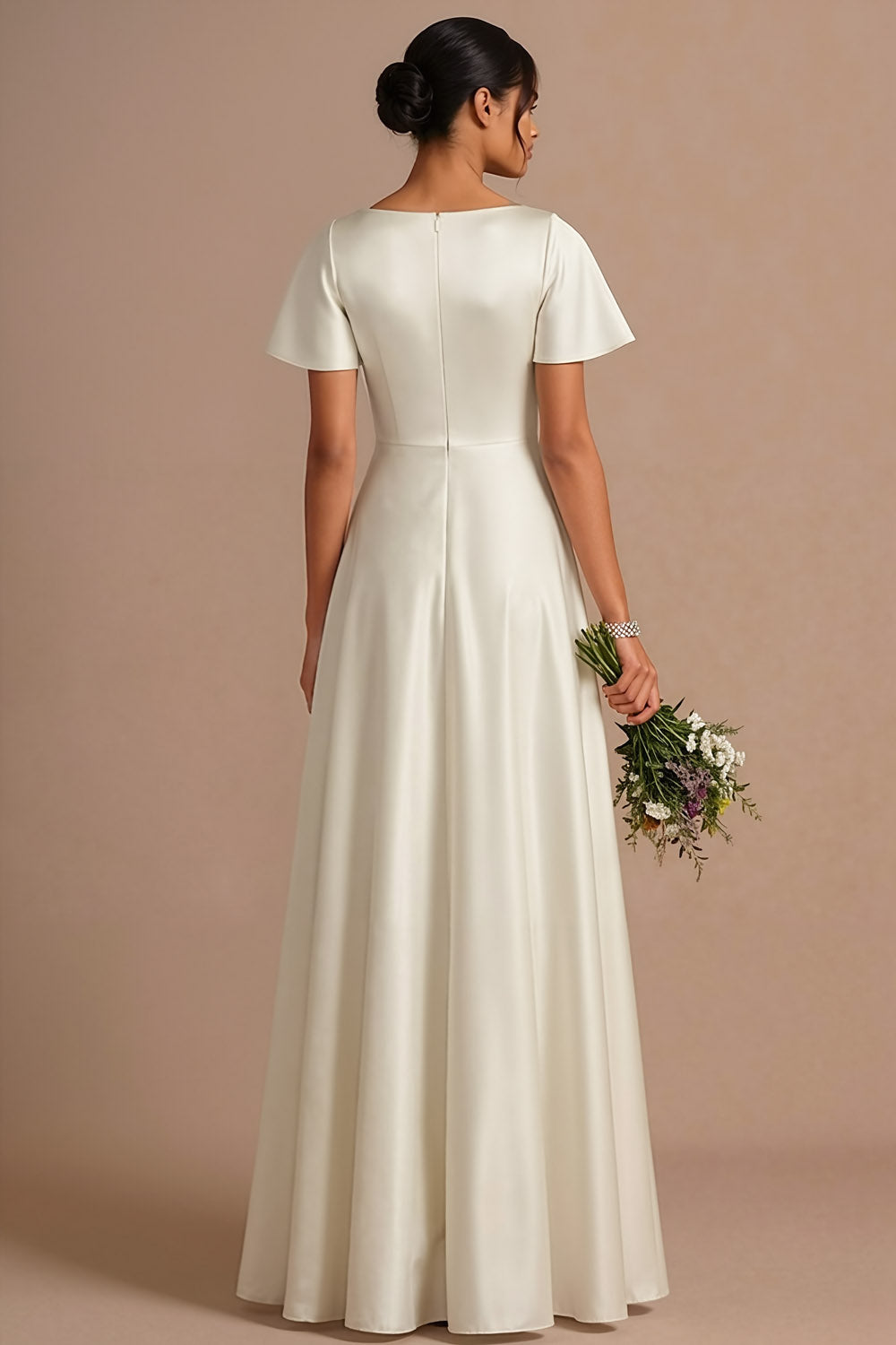 A Line Ivory Satin Square Neck Long Wedding Reception Dress with Short Sleeves