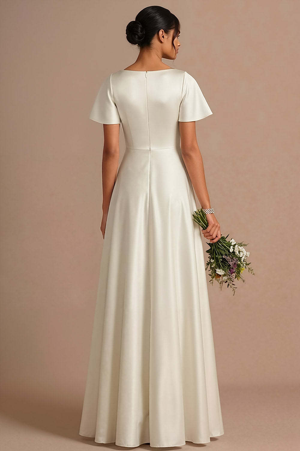 A Line Ivory Satin Square Neck Long Wedding Reception Dress with Short Sleeves