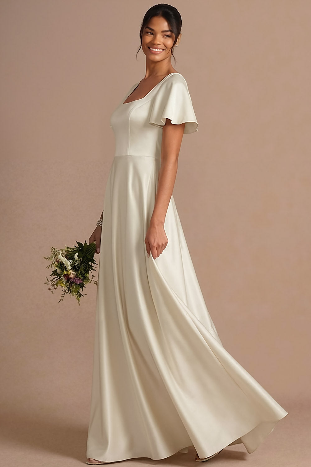 Brown A Line Satin Square Neck Long Wedding Guest Dress with Short Sleeves