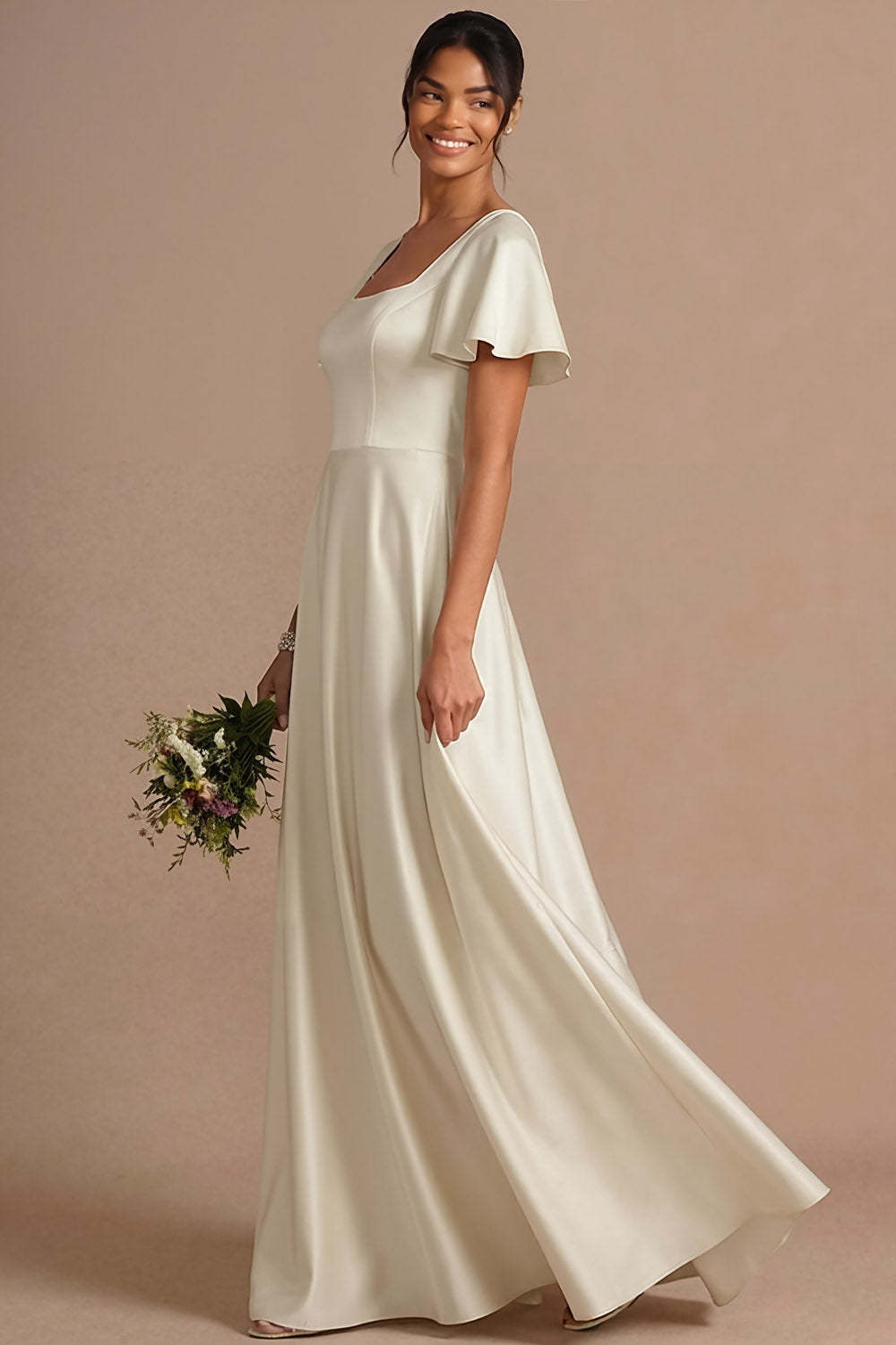 Brown A Line Satin Square Neck Long Wedding Guest Dress with Short Sleeves