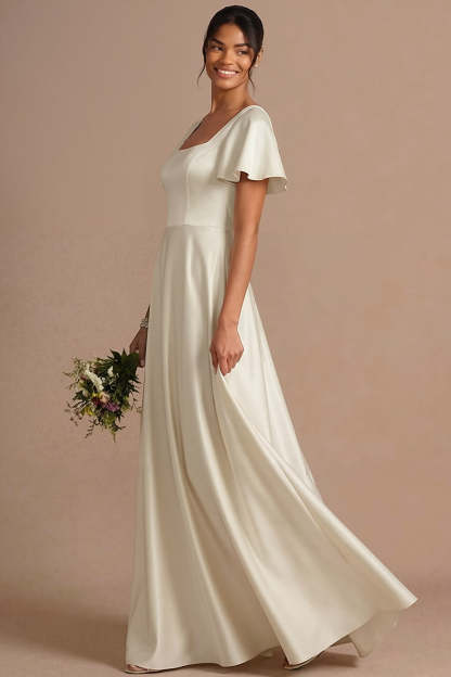 Brown A Line Satin Square Neck Long Wedding Guest Dress with Short Sleeves