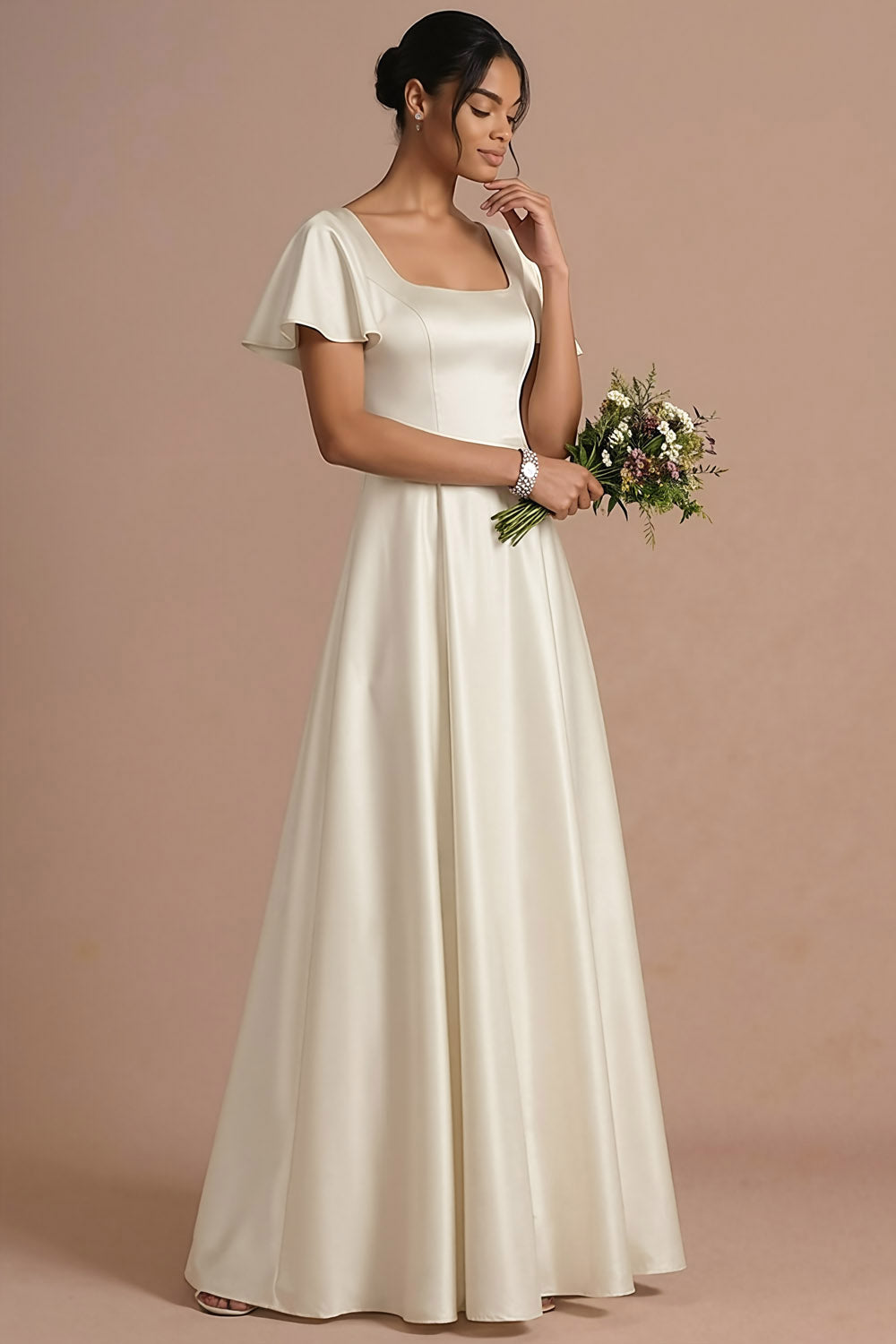 Brown A Line Satin Square Neck Long Wedding Guest Dress with Short Sleeves