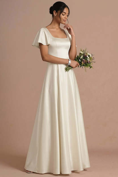 Brown A Line Satin Square Neck Long Wedding Guest Dress with Short Sleeves