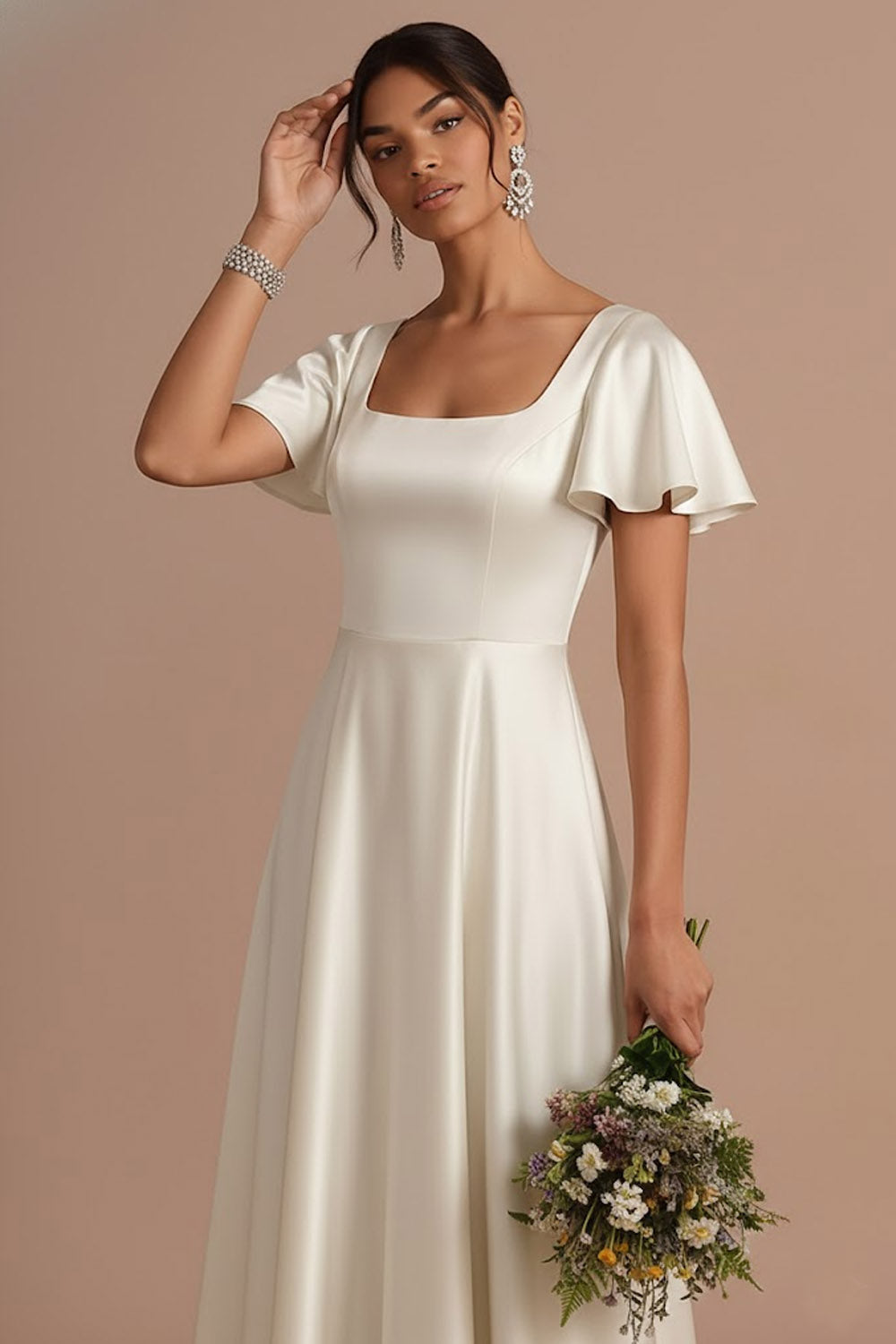 Brown A Line Satin Square Neck Long Wedding Guest Dress with Short Sleeves