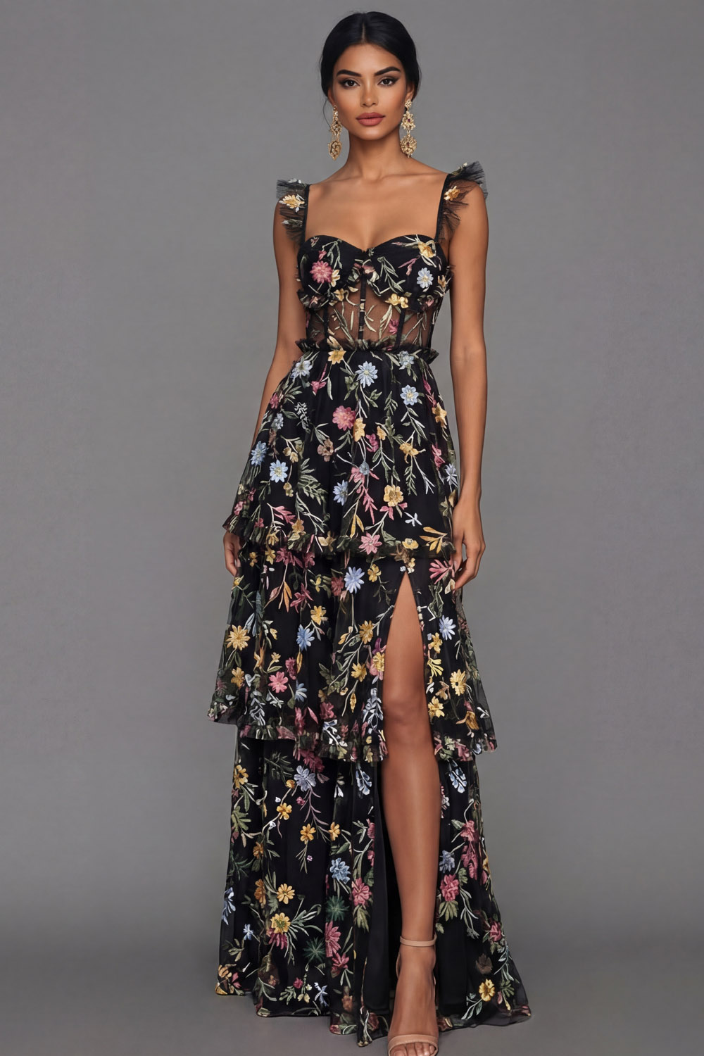 Mauve Corset A Line Floral Embroidered Long Formal Dress with Slit