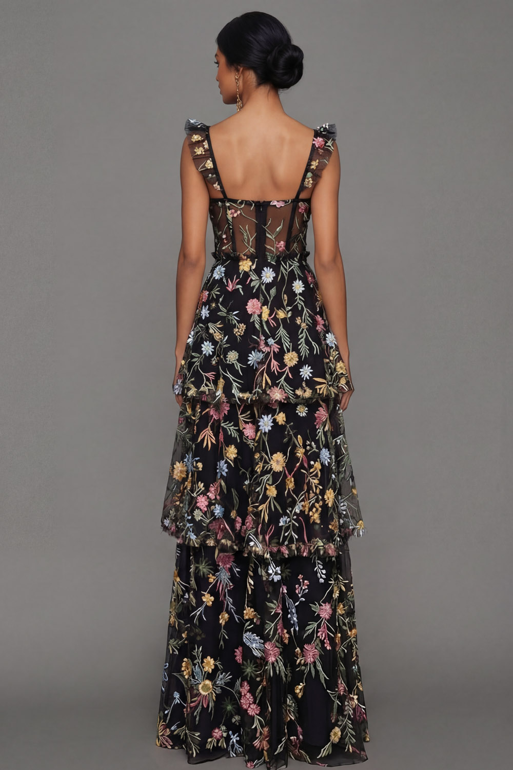 Mauve Corset A Line Floral Embroidered Long Formal Dress with Slit
