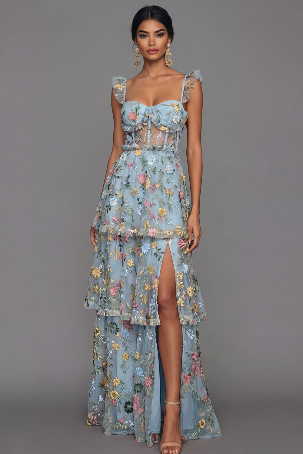 Mauve Corset A Line Floral Embroidered Long Formal Dress with Slit