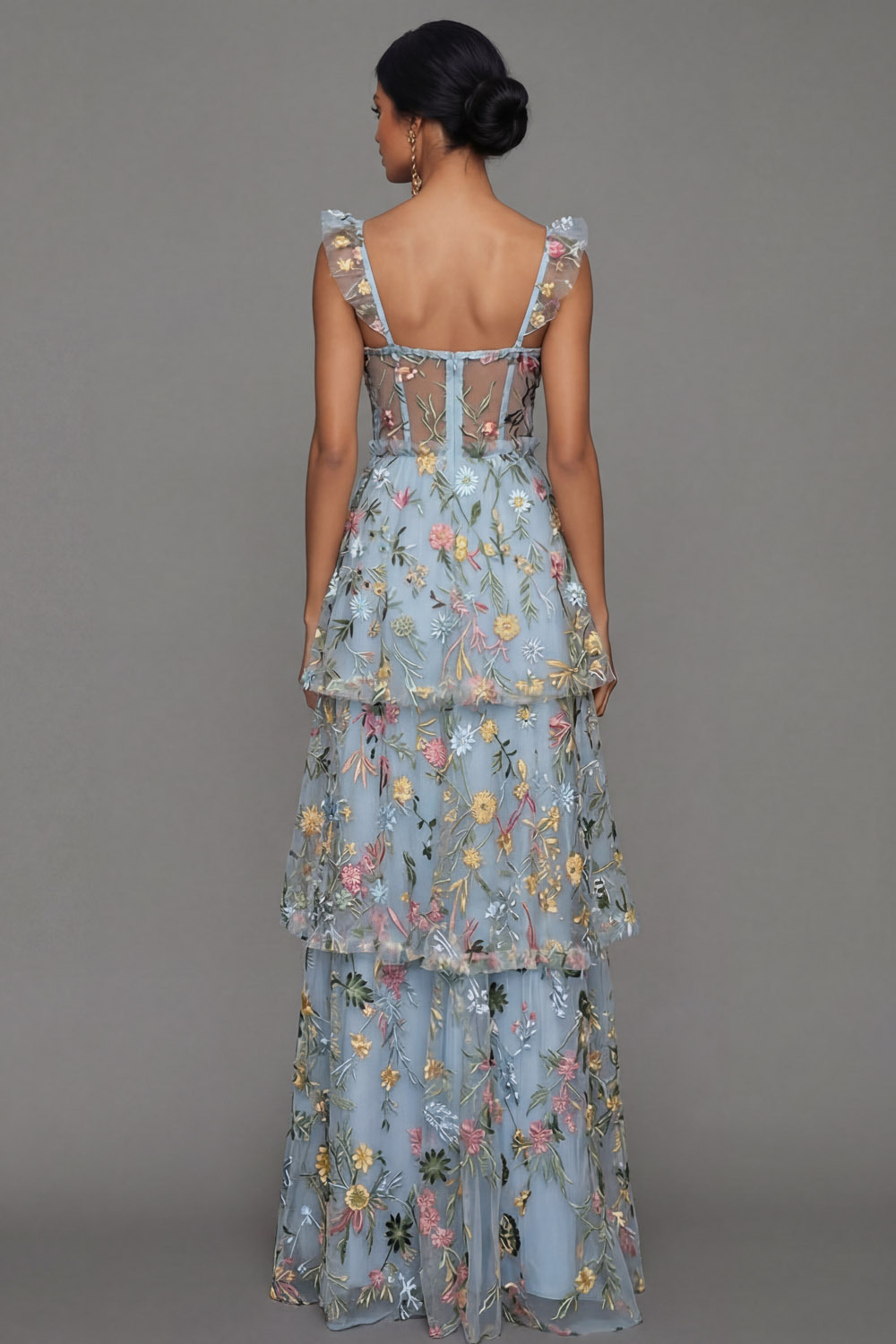 Mauve Corset A Line Floral Embroidered Long Formal Dress with Slit