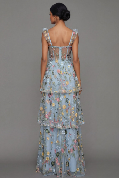 Mauve Corset A Line Floral Embroidered Long Formal Dress with Slit