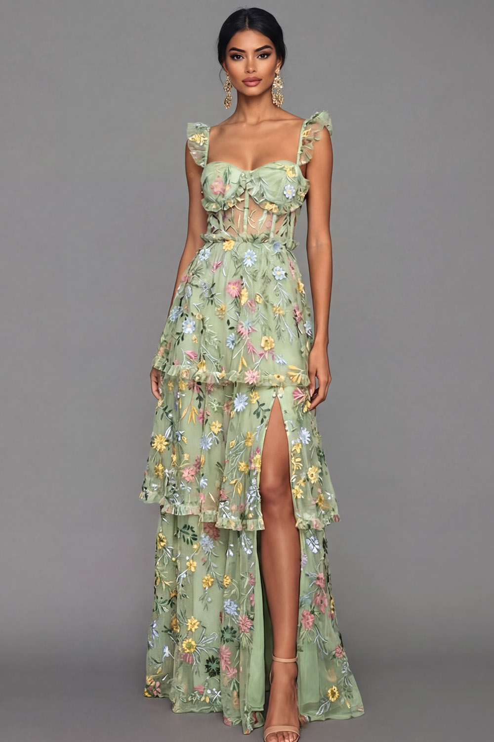 Leely Women Mauve Corset A Line Floral Long Formal Dress with Slit Spaghetti Straps Embroidered Spaghetti Straps Backless Wedding Guest Dress