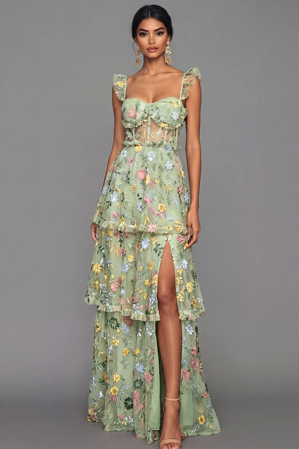 Leely Women Mauve Corset A Line Floral Long Formal Dress with Slit Spaghetti Straps Embroidered Spaghetti Straps Backless Wedding Guest Dress