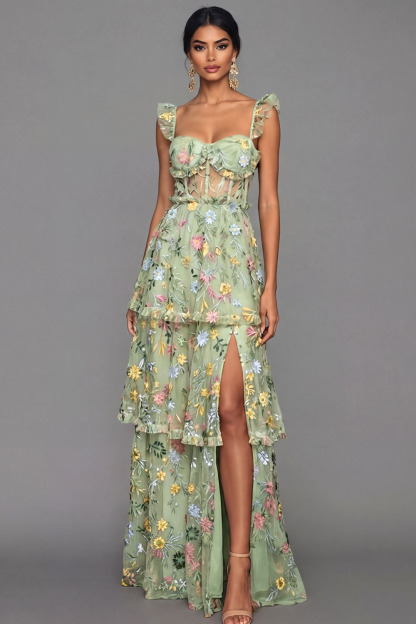 Leely Women Mauve Corset A Line Floral Long Formal Dress with Slit Spaghetti Straps Embroidered Spaghetti Straps Backless Wedding Guest Dress