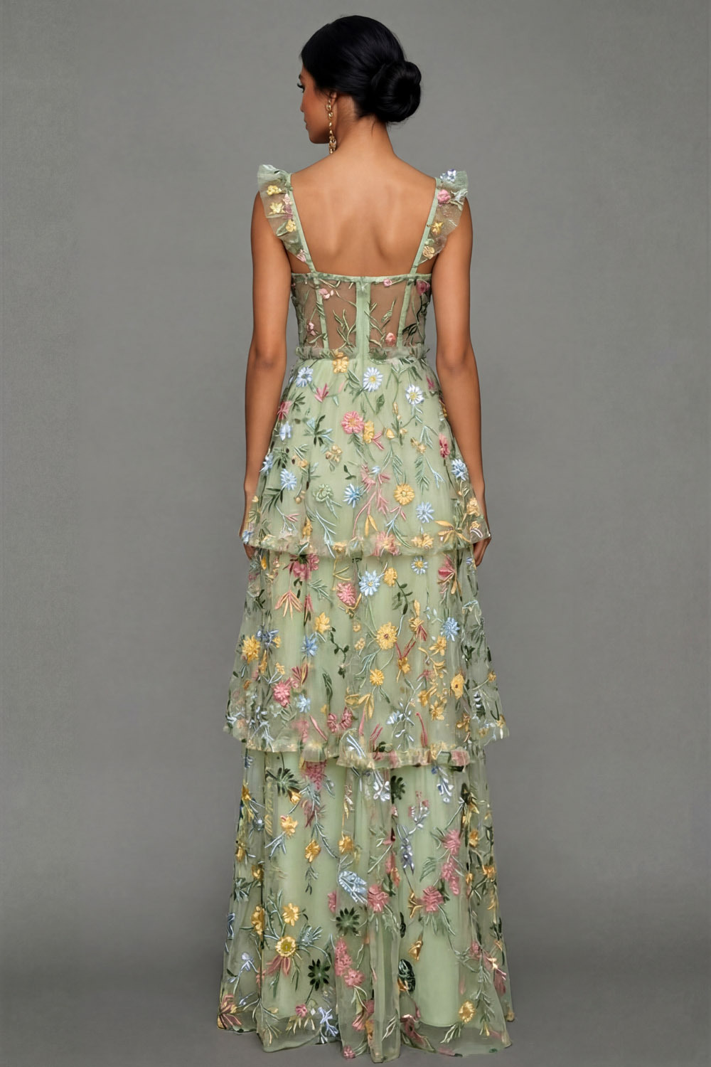 Mauve Corset A Line Floral Embroidered Long Formal Dress with Slit