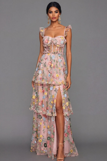 Mauve Corset A Line Floral Embroidered Long Formal Dress with Slit