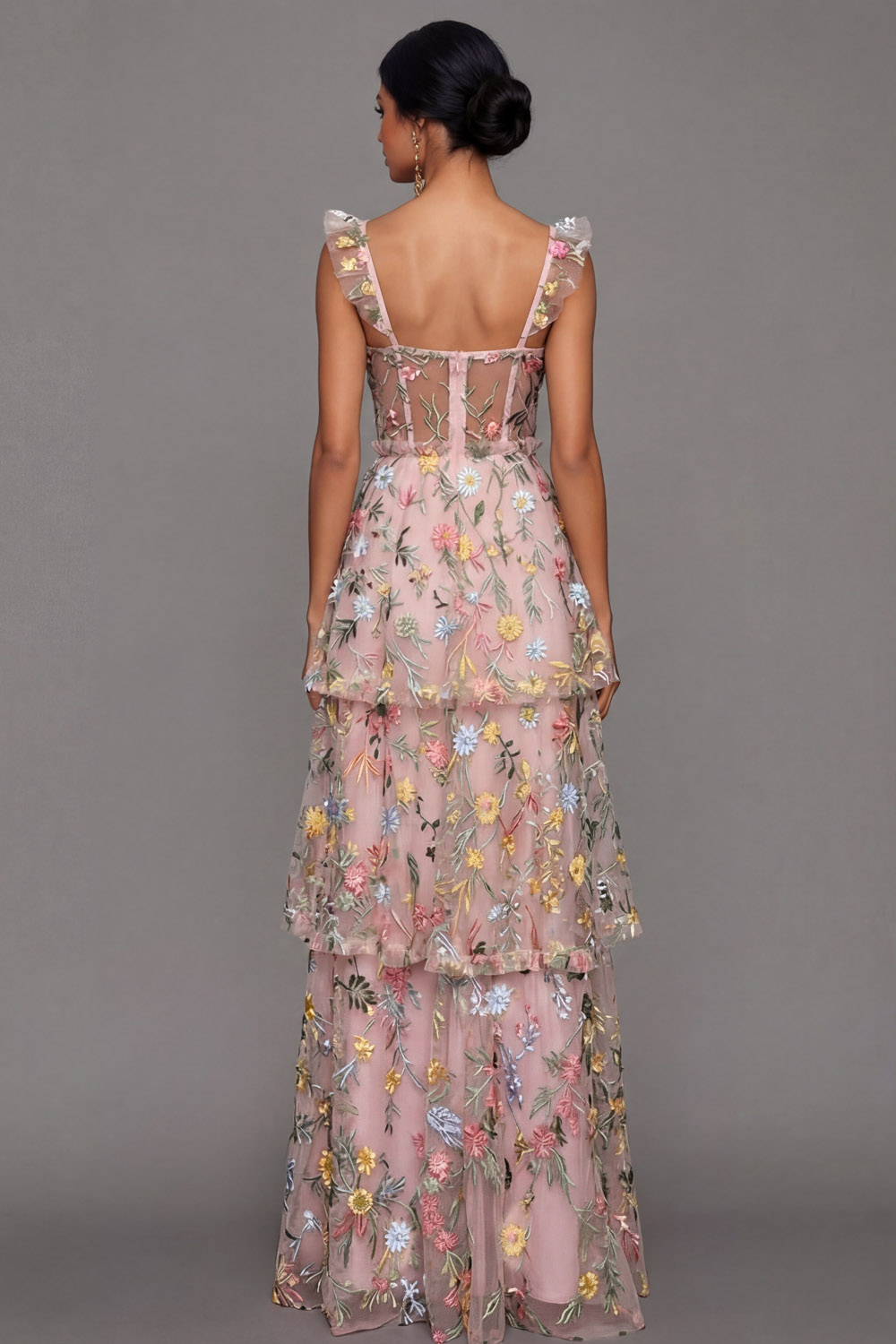 Mauve Corset A Line Floral Embroidered Long Formal Dress with Slit