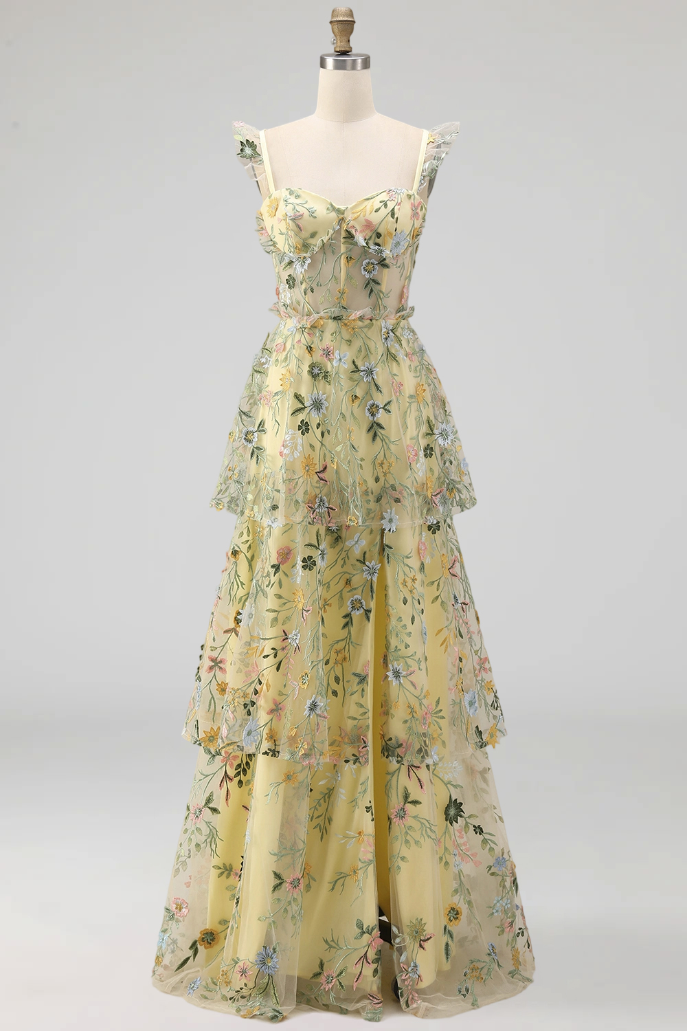 Mauve Corset A Line Floral Embroidered Long Formal Dress with Slit