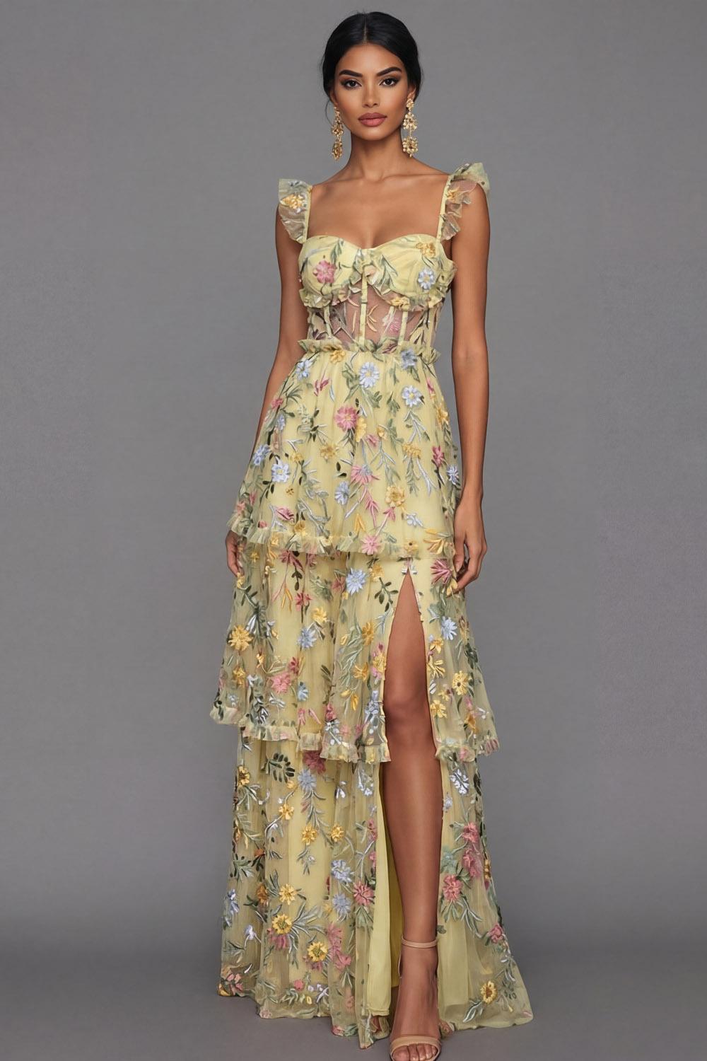 Mauve Corset A Line Floral Embroidered Long Formal Dress with Slit