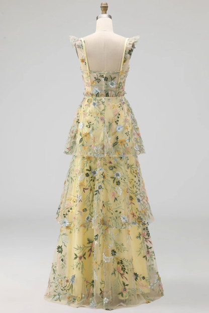 Mauve Corset A Line Floral Embroidered Long Formal Dress with Slit